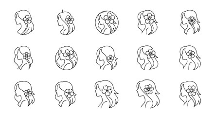 Collection of stylized white line art female profile silhouettes adorned with flowers, set against a stark black background, showcasing diverse hairstyles and floral accents for a touch of elegance
