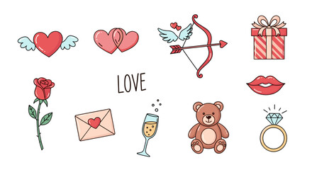 Collection of cute and charming Valentine's Day icons and symbols, including a winged heart, paired hearts, cupid's bow and arrow, gift box, red rose, love letter, champagne glass, teddy bear, lips