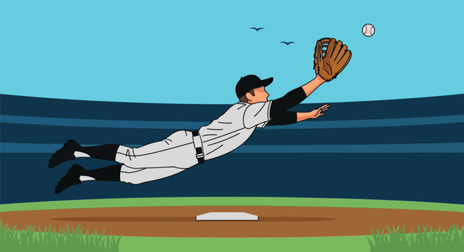 Athletic baseball player dives for a catch during a game under a clear sky