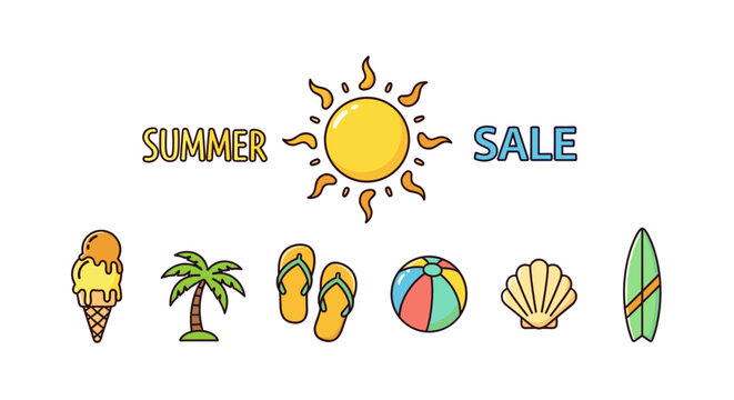 Summer Sale Announcement with Iconic Beach and Vacation Elements: Sun, Ice Cream, Palm Tree, Flip-Flops, Beach Ball, Seashell, and Surfboard on a Black Background, Perfect for Promotional Graphics - Powered by Adobe