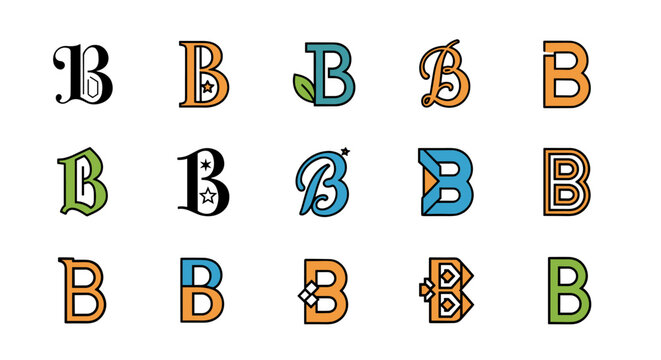 Collection of stylized letter B logos in various colors and designs, including vintage, modern, and nature-inspired themes, perfect for branding and graphic design projects.