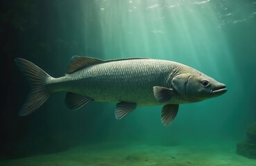 Large arapaima fish swims in clear turquoise water. Sunlight beams penetrate the ocean depths. Giant freshwater predator glides in natural habitat. Aquatic animal moves below surface.