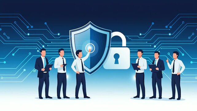 Team working on cyber security with a padlock and shield on circuit board background. Data protection and network security technology concept. Flat illustration animated graphics