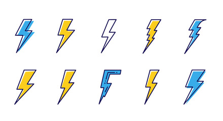 Collection of ten stylized lightning bolt icons in blue and yellow, set against a black background, representing energy, power, and electricity with a vibrant, graphic design aesthetic suitable for
