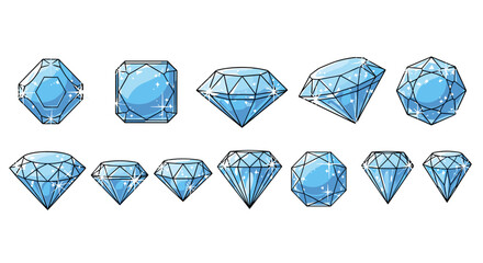 Collection of sparkling blue diamonds in various cuts and facets, rendered in a cartoonish style with a black background, symbolizing luxury, wealth, and preciousness, perfect for graphic design and
