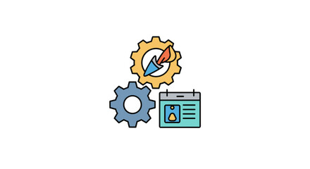 Conceptual illustration of business processes and project management, featuring gears symbolizing mechanics and teamwork, a torch representing innovation and inspiration, and a calendar icon