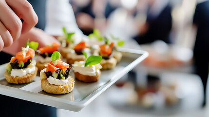 A server presents an array of gourmet appetizers on a sleek tray, each bite a miniature culinary masterpiece. The elegant display promises an unforgettable dining experience.