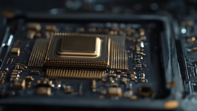 A close-up of a computer processor with gold-colored details on a dark background