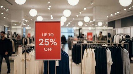 Up to 25 off sale sign in clothing store with garments and shoppers