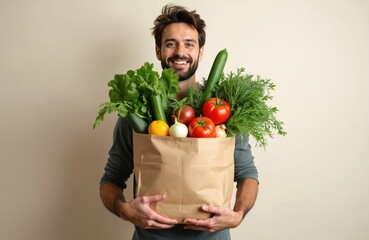 Smiling man carries paper bag full of fresh groceries. He holds bounty of vegetables and herbs. Healthy food shopping from market or delivery service.