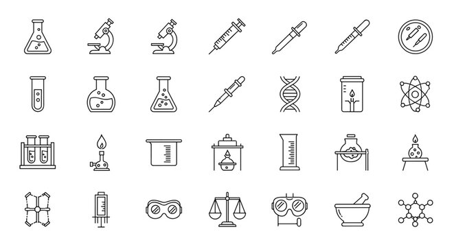 A comprehensive collection of science and laboratory icons, featuring essential equipment like microscopes, test tubes, beakers, pipettes, syringes, DNA strands, atomic models, Bunsen burners, scales