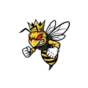 Fierce King Bee Mascot Character with Crown and Angry Expression