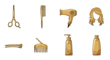 Golden collection of professional hairdressing tools and accessories, including scissors, comb, hair dryer, hair clips, hairspray bottle, shampoo bottle, and a stylish blonde wig, all presented on a