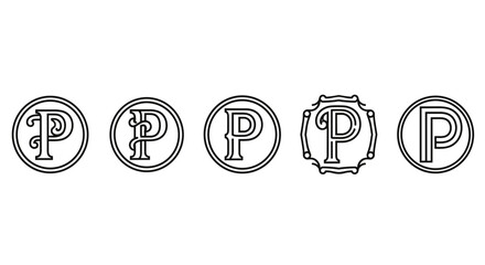 A collection of five distinct, stylized letter P monograms, each enclosed within a circular or decorative frame, presented in a clean, outline-style graphic design suitable for branding, logos, or