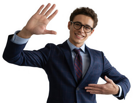 Young man in blue check suit and tie waves hello with a friendly smile