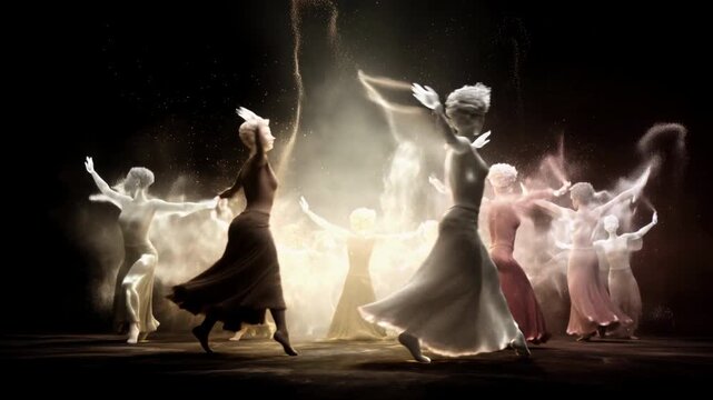 Group of graceful spiritual beings dancing a surreal choreography in slow motion on a dark stage, dissolving into magical glowing particles of dust and sand in a mystical, dreamy performance
