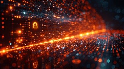 Glowing orange data stream with padlock icons in a digital network