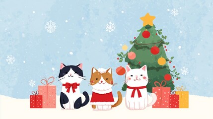 illustration of cats, Cat wearing a Christmas costume, decorated by Christmas tree with ornaments and gift boxes. design with cats for Christmas and New Year.