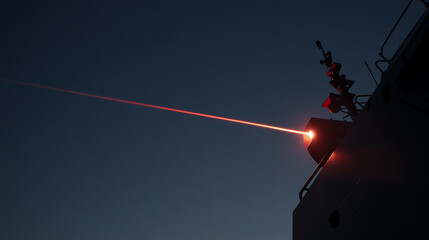 Image of a ship at night with a bright red laser beam emanating from its deck, cutting through the dark sky, creating a stark contrast and showcasing advanced technology.