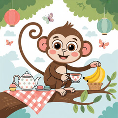 Cute Whimsical Monkey Hosting a tea party Vector Illustration