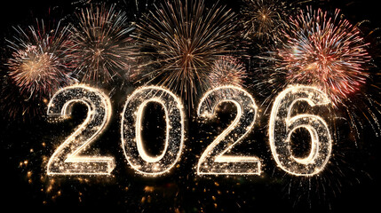 Bright 2026 with sparkling lights and fireworks, perfect for New Year celebrations, festive cards, holiday banners, party invitations, and joyful event promotions.
