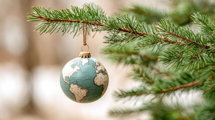 Globe ornament hanging from fir tree branch , perfect for Christmas cards, holiday decor designs, winter backgrounds, and seasonal advertising projects.