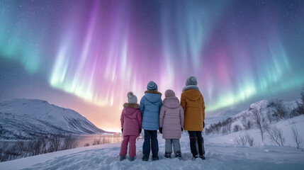 Four children seen from behind, standing on a snowy hill watching vibrant northern lights, perfect for winter, holiday, family, adventure, or nature-themed projects.