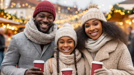 Happy African-American family enjoying hot drinks at a Christmas market, perfect for holiday ads, festive lifestyle blogs, winter celebration concepts, and family joy themes.