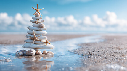 Creative Christmas tree made of driftwood, seashells, and starfish on the beach, perfect for tropical holiday themes, coastal décor, travel, or festive design projects.