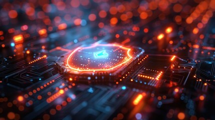 Fototapeta premium Glowing circuit board with central chip and orange and blue lights