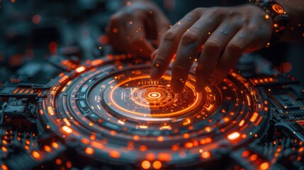Hands interacting with glowing circular technology interface device