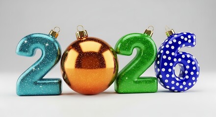 3D numbers 2026 as Christmas ornaments on a white background Keywords: 2026, new year, numbers, digits, 3D, rendered, ornament, christmas, holiday, celebration, decoration, festive, shiny