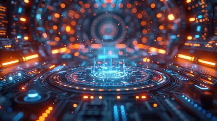 Futuristic interface with glowing elements in blue and orange colors