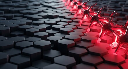 Abstract Hexagonal Grid with Glowing Red Spiky Structures background texture