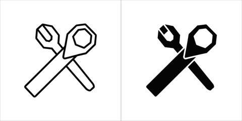 Two icons of crossed wrenches, one outlined and one solid black