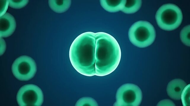 Microscopic view of glowing green cells dividing and multiplying in dark blue fluid