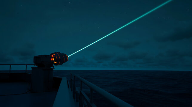 Naval Laser Weapon Firing at Night: A futuristic weapon system mounted on a vessel at sea, emitting a powerful laser beam against a backdrop of a starry night sky and calm ocean waves.