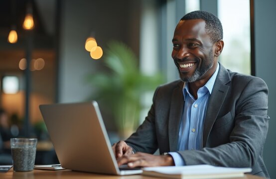 Happy African American businessman smiles, working on laptop computer in office. He types on keyboard, managing corporate tasks. Pro executive manager uses modern tech at desk, looking away.