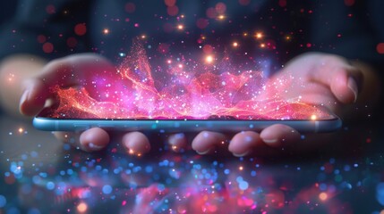 Hands holding phone with glowing pink and purple energy emanating out