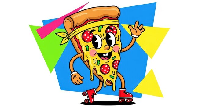 Playful 80s Retro Cartoon Pizza Slice with Fun Style.