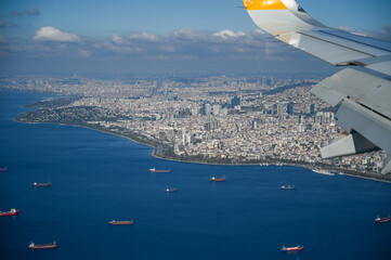 Istanbul, Turkey, panoramic view of the city. Numerous buildings in the city center. Bosporus. 
