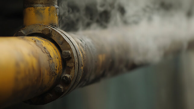 A weathered, yellow pipeline section with a bolted flange emitting wisps of steam. Close-up showing age and use. Texture highlights potential industrial or maintenance concerns.