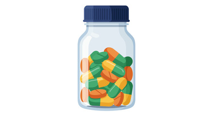 A clear jar filled with a variety of colorful pills and capsules.