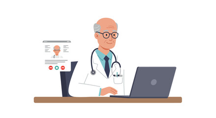 Doctor using laptop for online consultation, with a video call window showing another doctor.