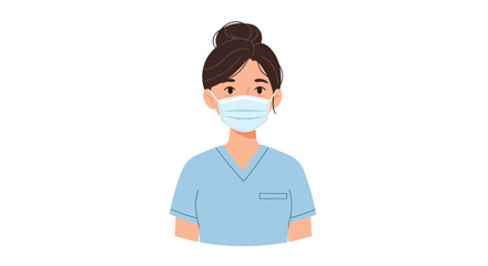 Illustration of a woman wearing a surgical mask and scrubs.