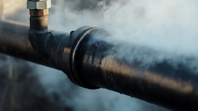Close-up of a metal pipe with steam escaping, likely due to a leak or system malfunction. The pipe is dark in color, and the steam is white and billowy. Visible connection points suggest potential