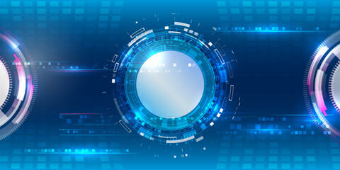 Futuristic digital technology background with glowing circular HUD elements and data lines. Sci-fi interface design with abstract circuits, perfect for high-tech and innovation themes.
