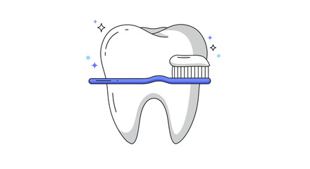 Tooth with toothbrush and toothpaste illustration on white background.