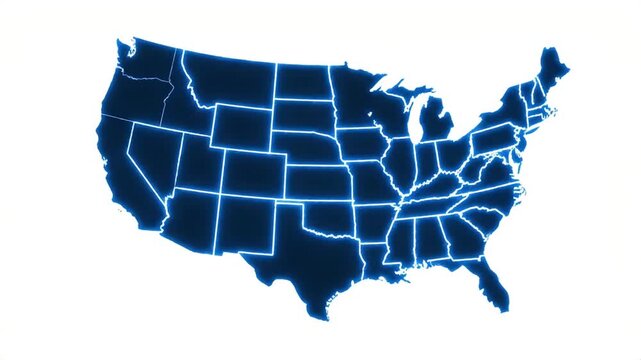 Glowing map of the United States with illuminated state borders on a clean white background.
