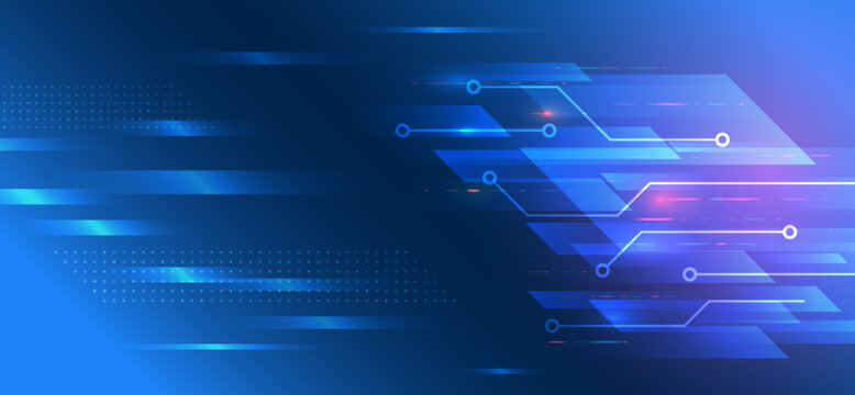 Futuristic blue technology background with glowing circuit lines, geometric shapes, and digital light effects. Perfect for innovation, data, and high-tech design concepts.
